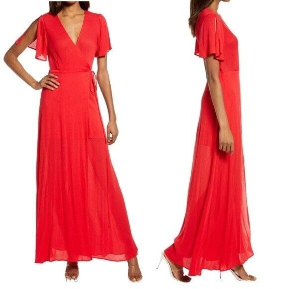 Lulu’s Much Obliged Dress Red Maxi Wrap Gauz Size Small - Picture 1 of 13